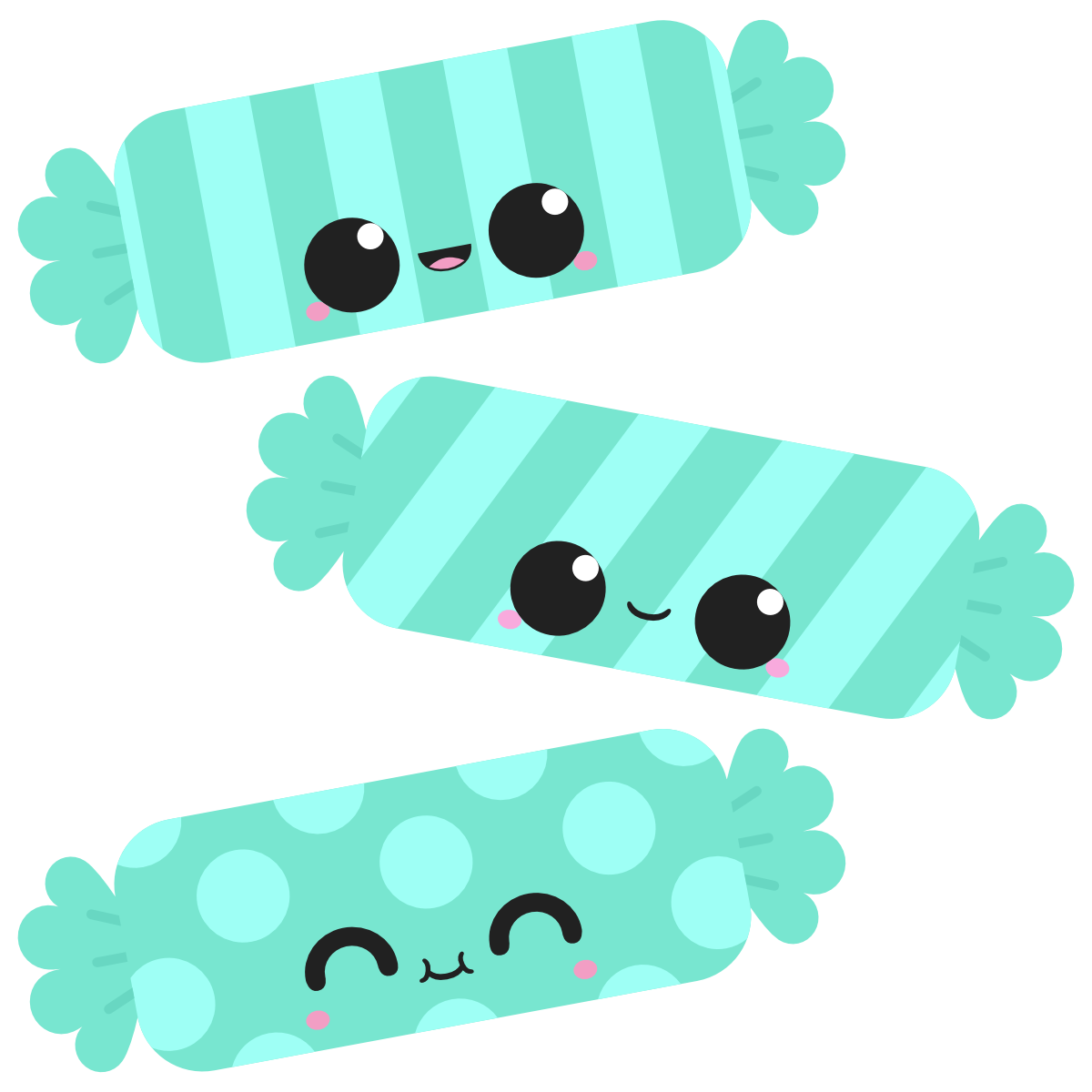 Green kawaii bonbons with different patterns
