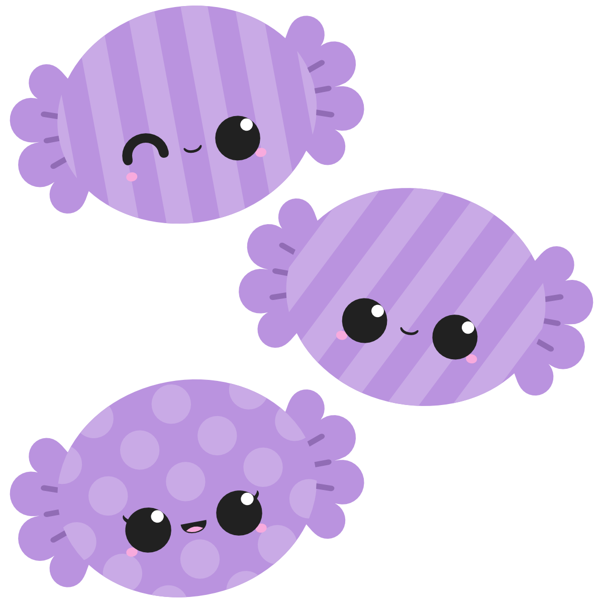 Purple kawaii bonbons with different patterns
