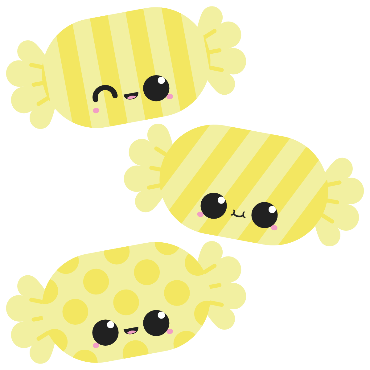 Yellow kawaii bonbons with different patterns