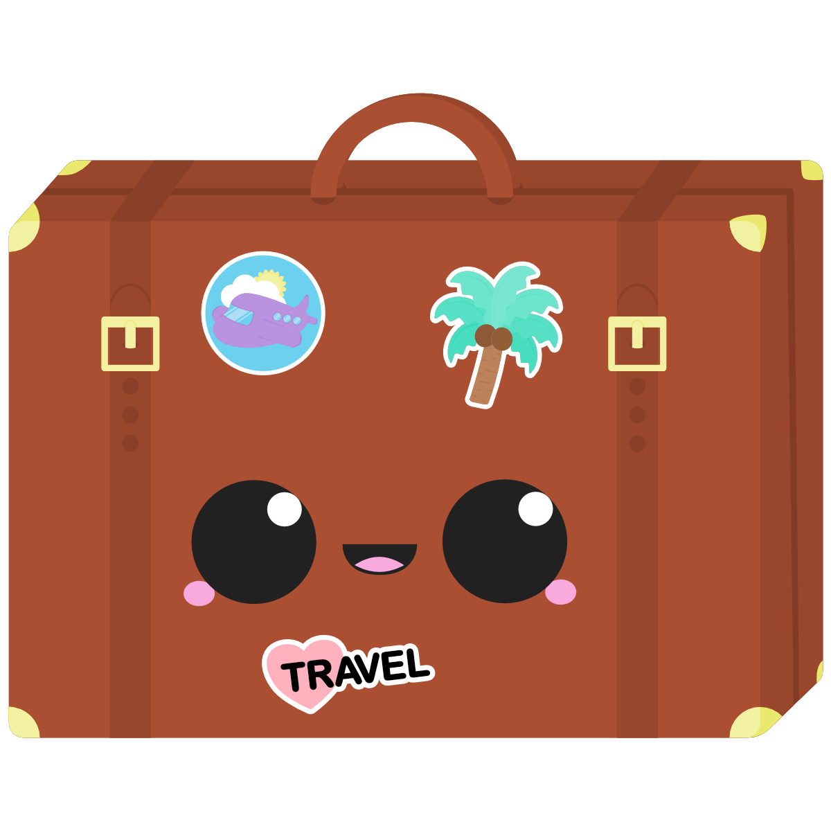 Classic leather suitcase with a cute kawaii face