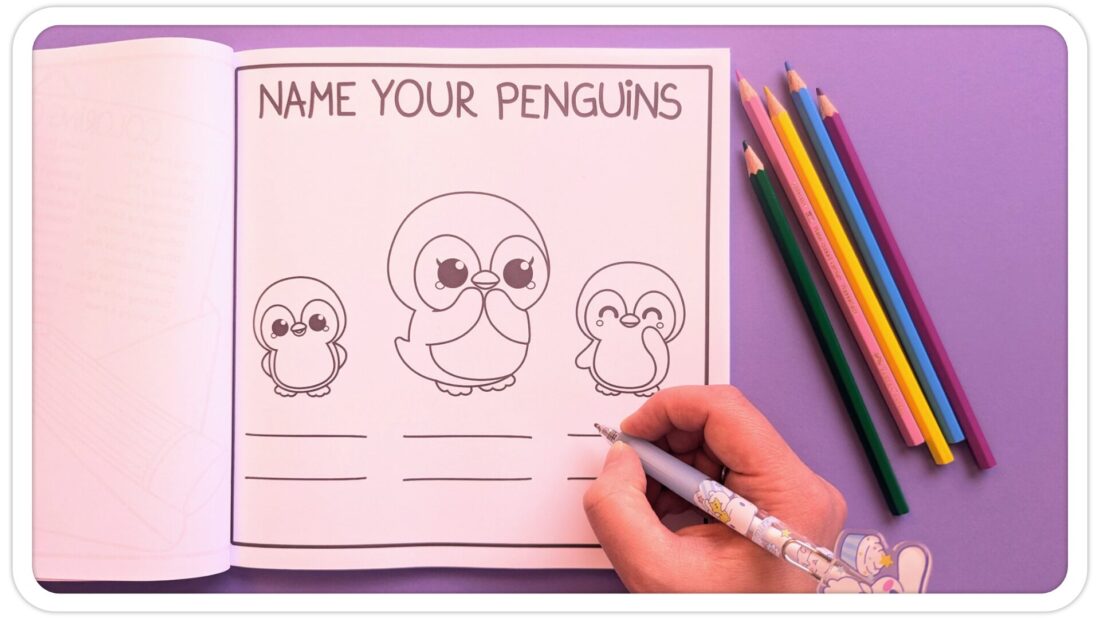 Name your penguins in penguins cozy winter coloring book