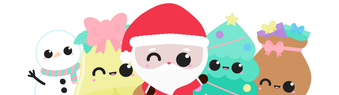 kawaii christmas banner with different kawaii designs